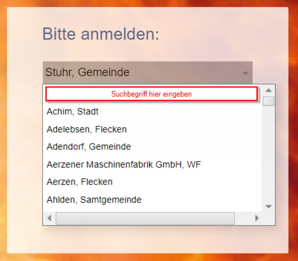 Suchmaske für die Organisation während der Anmeldung Suchmaske für die Organisation während der Anmeldung