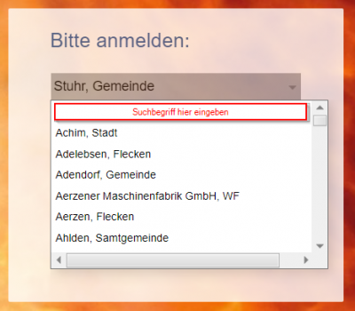 Suchmaske für die Organisation während der Anmeldung