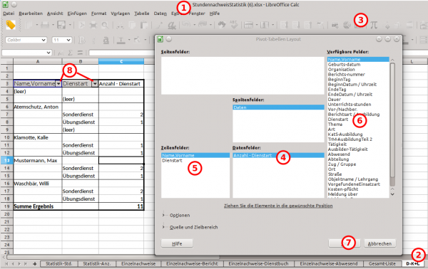 Stundennachweise dargestellt in einer Pivottabelle mit LibreOffice Calc